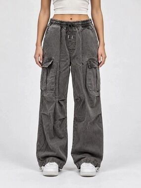 Gray Wide Leg Cargo Jogger Pants